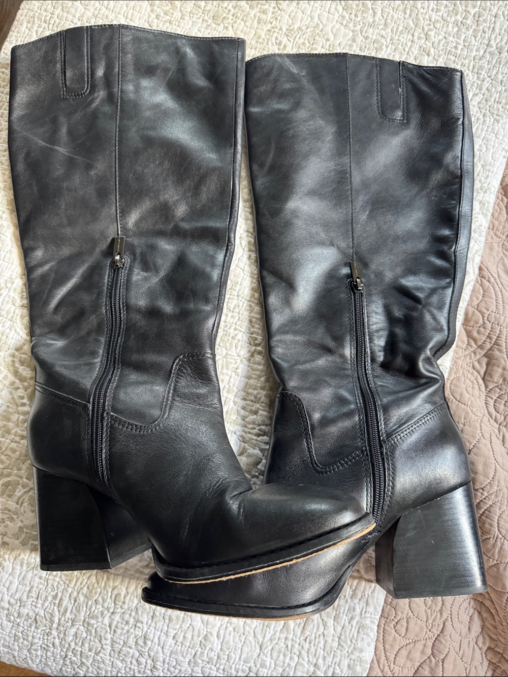 Vince Camuto Black Leather Mid-Calf Block Heel Boots